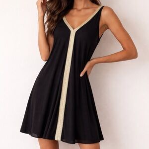 Black Swan Black Gold Trim Shift Dress Modal Blend Oversized XS
